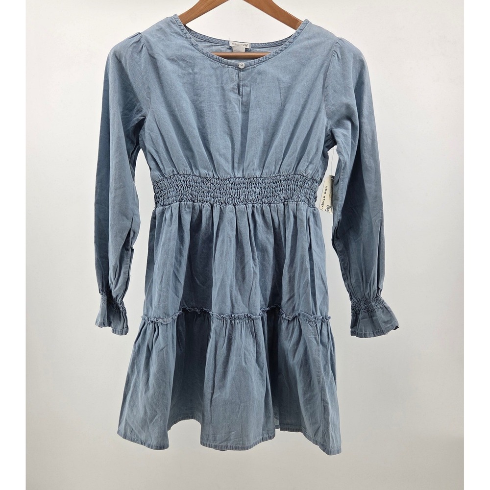 One Step Up Denim Dress Girls Size L 14 16 Smocked Waist Long Sleeve Blue Tiered
